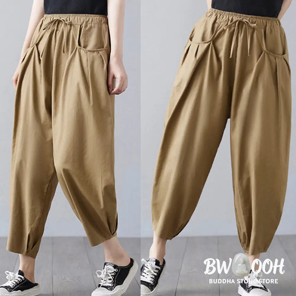 Buddha Stones Summer Plain Cropped Pants Women’s Cotton Linen Harem Pants With Pockets - Women’s Harem Pants
