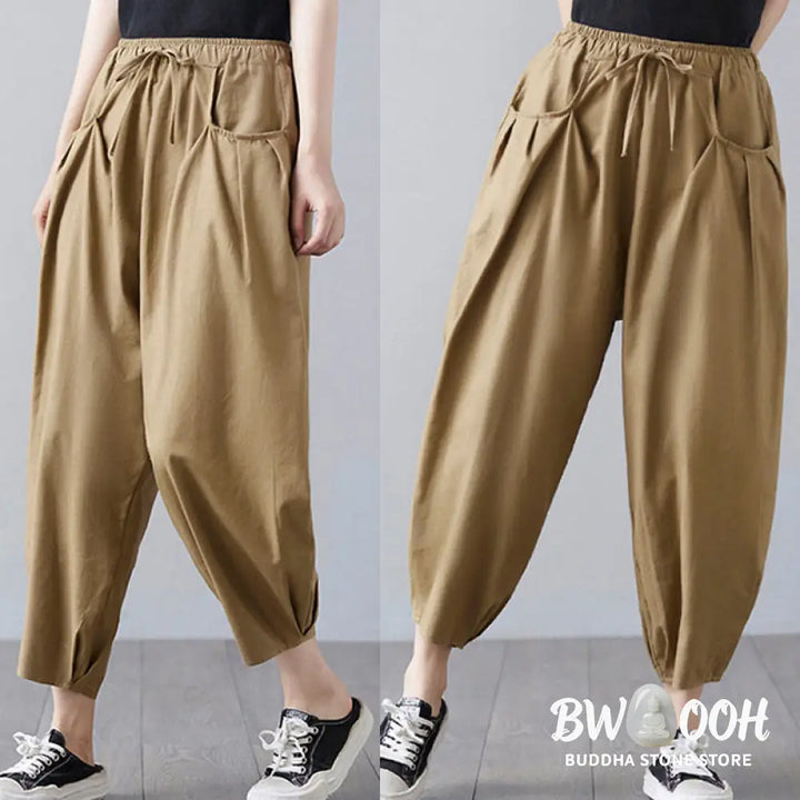 Buddha Stones Summer Plain Cropped Pants Women’s Cotton Linen Harem Pants With Pockets - Women’s Harem Pants