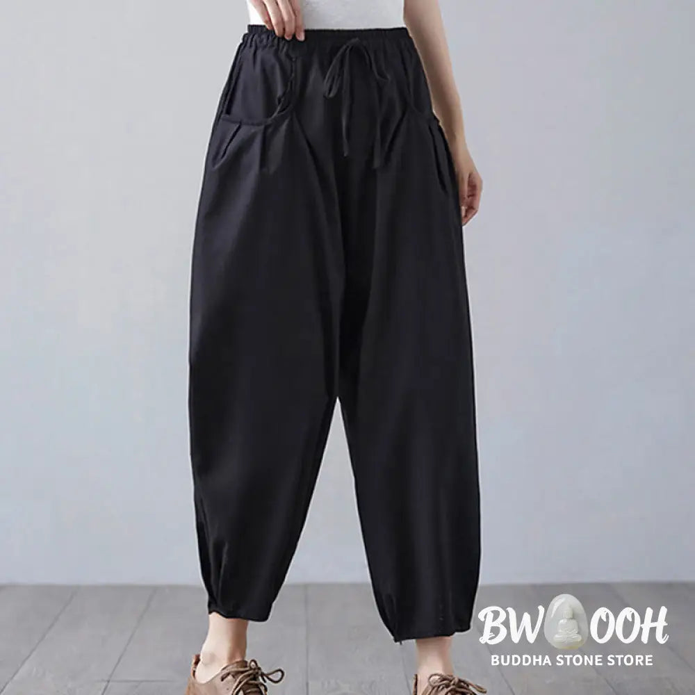 Buddha Stones Summer Plain Cropped Pants Women’s Cotton Linen Harem Pants With Pockets - Women’s Harem Pants