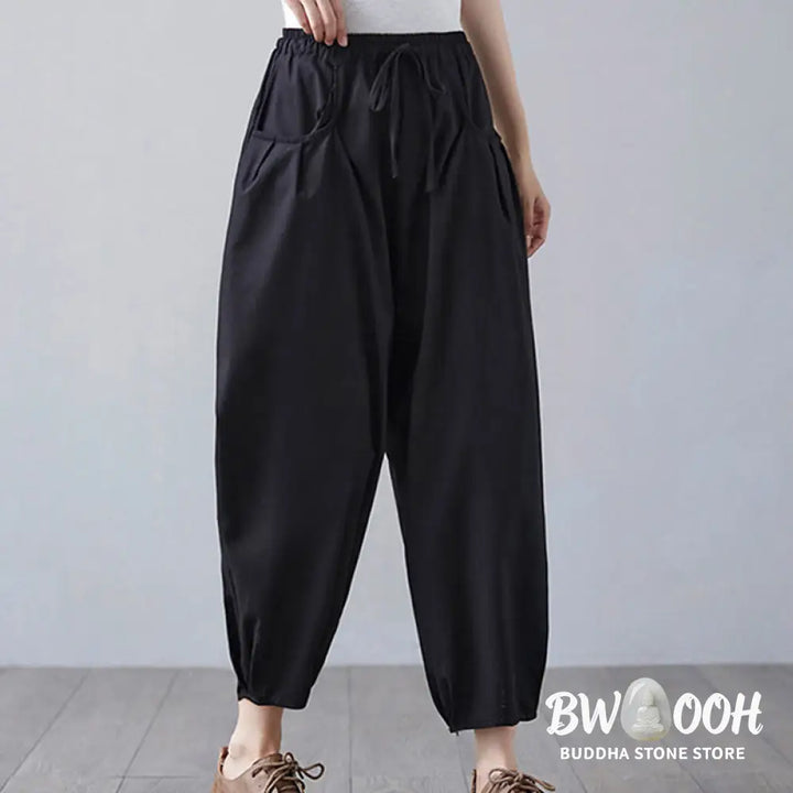 Buddha Stones Summer Plain Cropped Pants Women’s Cotton Linen Harem Pants With Pockets - Women’s Harem Pants