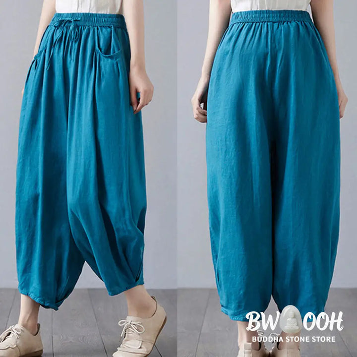 Buddha Stones Summer Plain Cropped Pants Women’s Cotton Linen Harem Pants With Pockets - Women’s Harem Pants