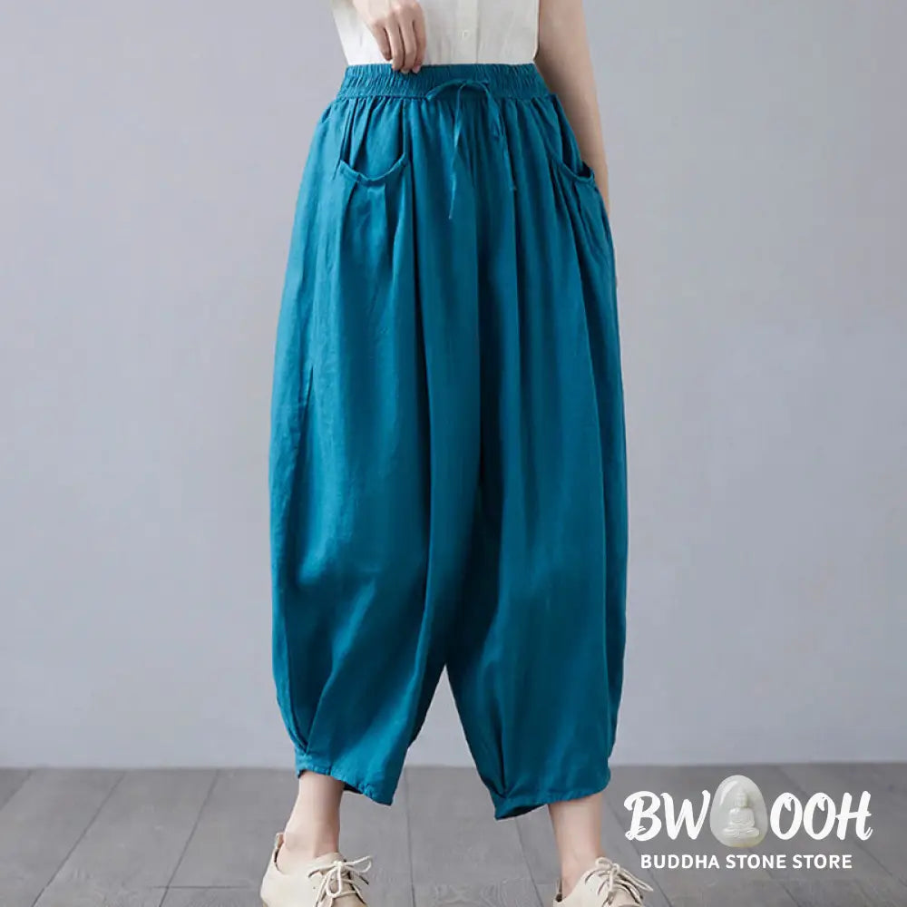 Buddha Stones Summer Plain Cropped Pants Women’s Cotton Linen Harem Pants With Pockets - Women’s Harem Pants