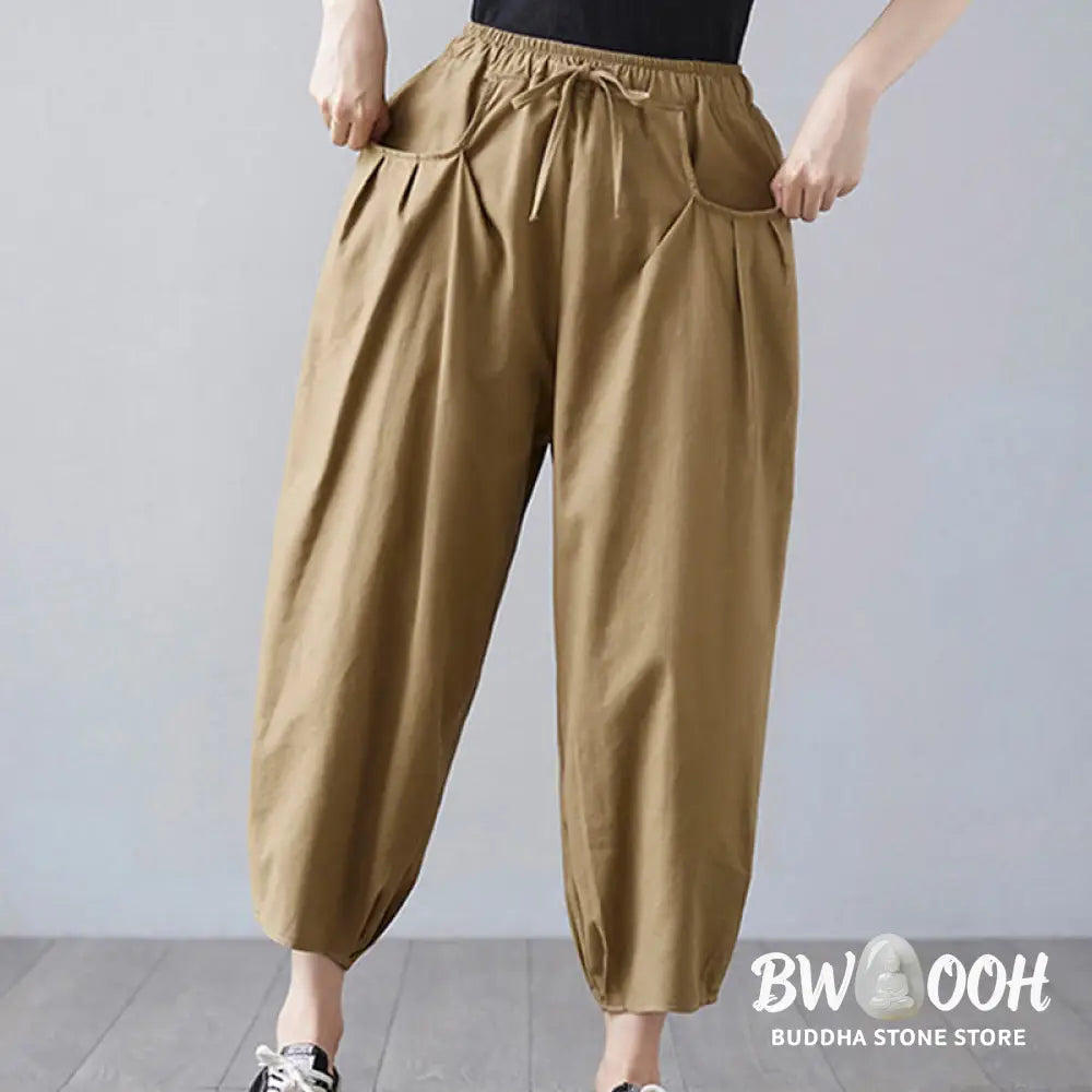 Buddha Stones Summer Plain Cropped Pants Women’s Cotton Linen Harem Pants With Pockets - Women’s Harem Pants