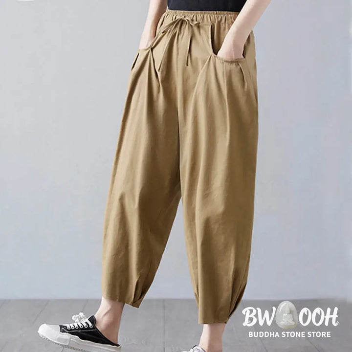 Buddha Stones Summer Plain Cropped Pants Women’s Cotton Linen Harem Pants With Pockets - Women’s Harem Pants