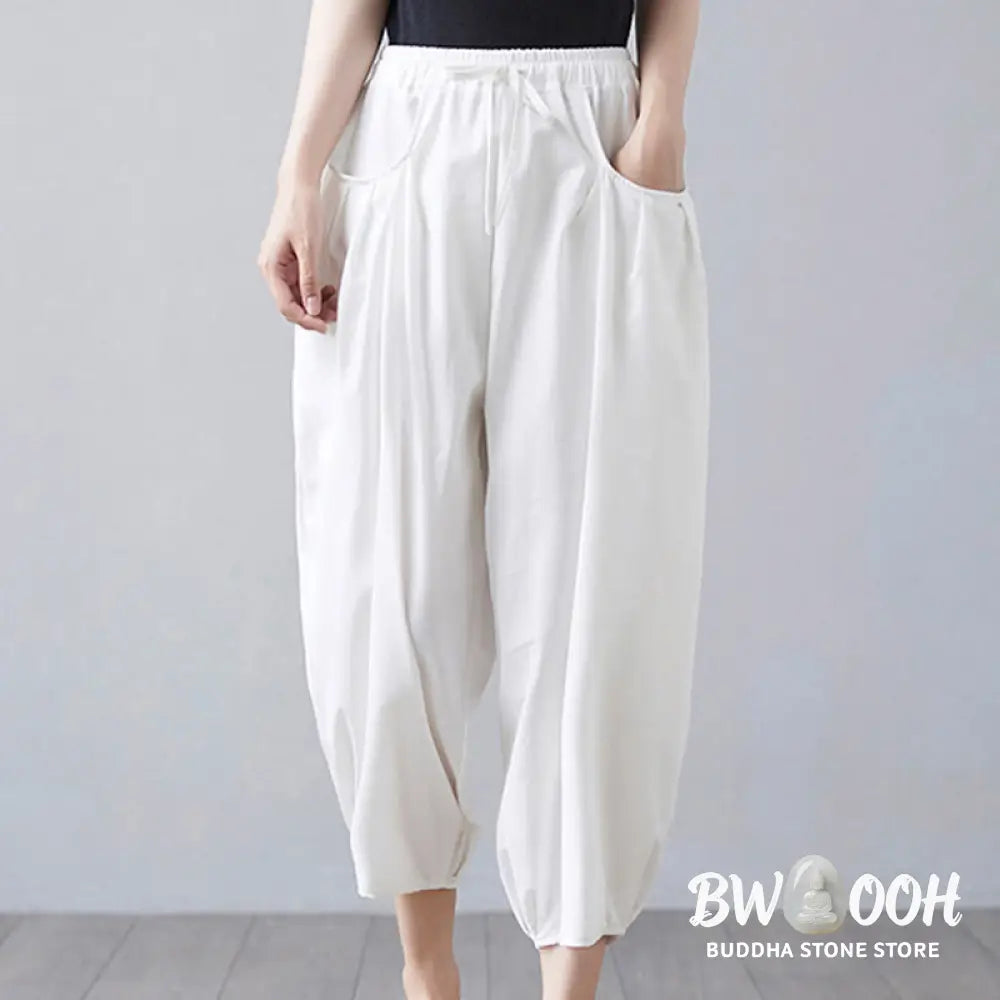 Buddha Stones Summer Plain Cropped Pants Women’s Cotton Linen Harem Pants With Pockets - Women’s Harem Pants