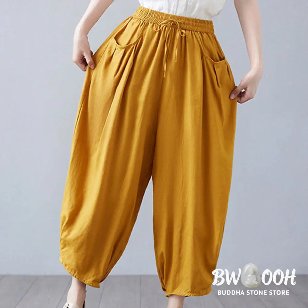 Buddha Stones Summer Plain Cropped Pants Women’s Cotton Linen Harem Pants With Pockets - Women’s Harem Pants