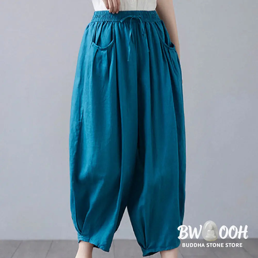 Buddha Stones Summer Plain Cropped Pants Women’s Cotton Linen Harem Pants With Pockets - Women’s Harem Pants