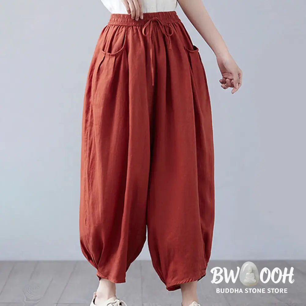 Buddha Stones Summer Plain Cropped Pants Women’s Cotton Linen Harem Pants With Pockets - Women’s Harem Pants