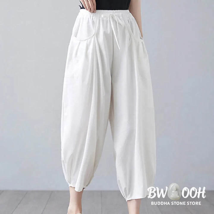 Buddha Stones Summer Plain Cropped Pants Women’s Cotton Linen Harem Pants With Pockets - Women’s Harem Pants
