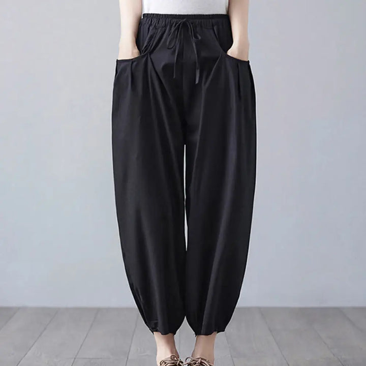 Buddha Stones Summer Plain Cropped Pants Women’s Cotton Linen Harem Pants With Pockets - Black / US4，UK/AU8，EU36 (L)
