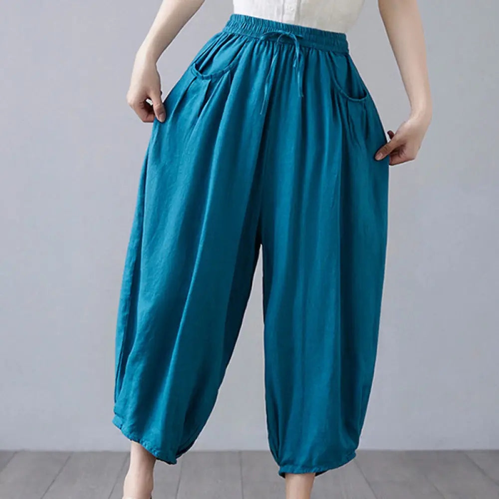Buddha Stones Summer Plain Cropped Pants Women’s Cotton Linen Harem Pants With Pockets - DeepSkyBlue / US4，UK/AU8，EU36