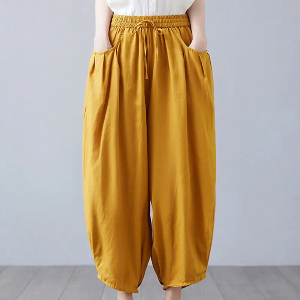 Buddha Stones Summer Plain Cropped Pants Women’s Cotton Linen Harem Pants With Pockets - Gold / US4，UK/AU8，EU36 (L)