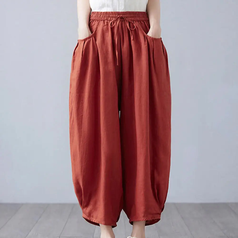 Buddha Stones Summer Plain Cropped Pants Women’s Cotton Linen Harem Pants With Pockets - IndianRed / US4，UK/AU8，EU36