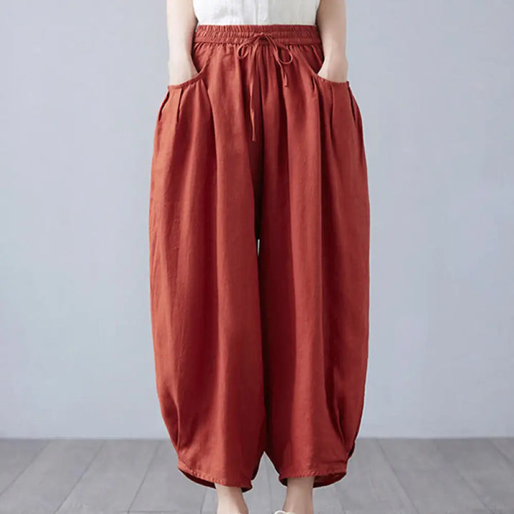 Buddha Stones Summer Plain Cropped Pants Women’s Cotton Linen Harem Pants With Pockets - IndianRed / US4，UK/AU8，EU36
