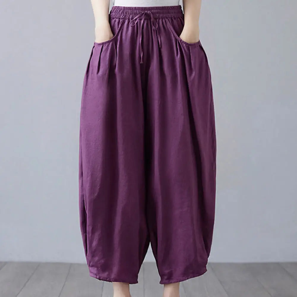 Buddha Stones Summer Plain Cropped Pants Women’s Cotton Linen Harem Pants With Pockets - Purple / US4，UK/AU8，EU36 (L)