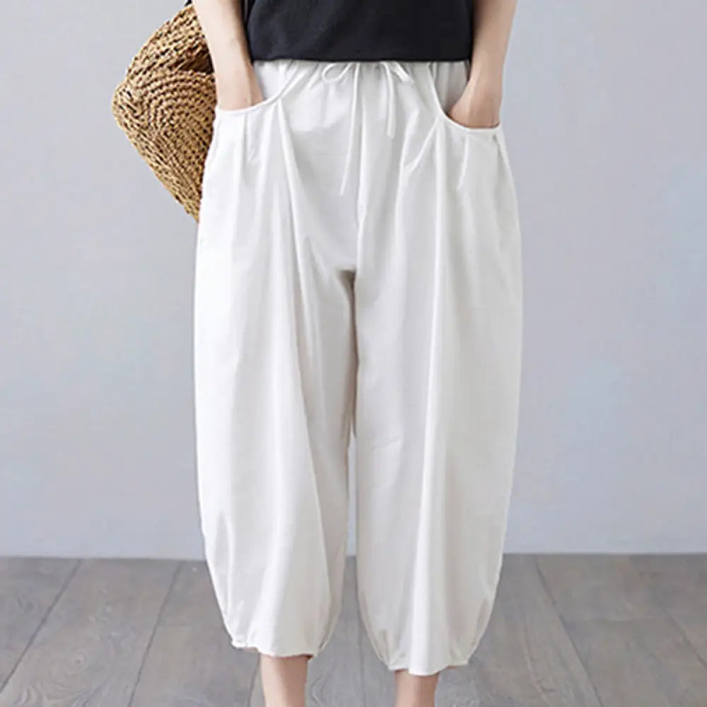 Buddha Stones Summer Plain Cropped Pants Women’s Cotton Linen Harem Pants With Pockets - White / US4，UK/AU8，EU36 (L)