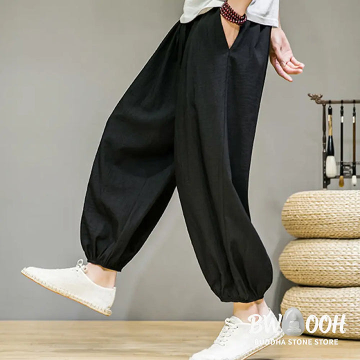 Buddha Stones Summer Plain Drawstring Men’s Ankle-Length Cotton Harem Pants With Pockets - Men’s Harem Pants
