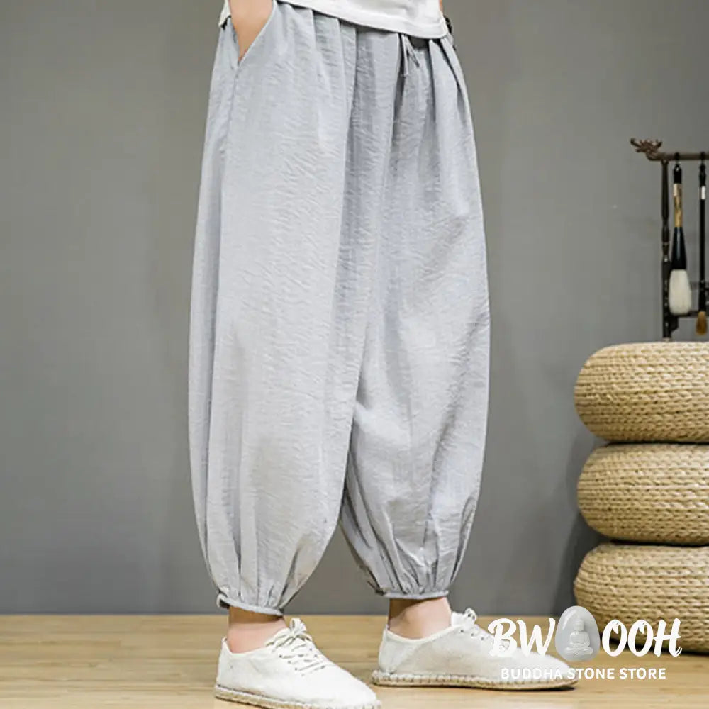 Buddha Stones Summer Plain Drawstring Men’s Ankle-Length Cotton Harem Pants With Pockets - Men’s Harem Pants