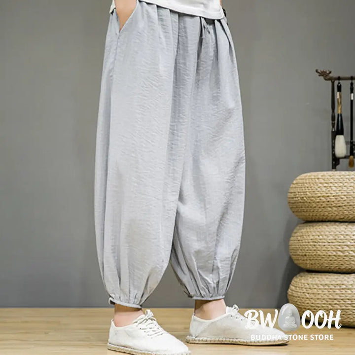 Buddha Stones Summer Plain Drawstring Men’s Ankle-Length Cotton Harem Pants With Pockets - Men’s Harem Pants
