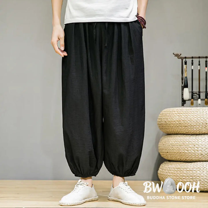 Buddha Stones Summer Plain Drawstring Men’s Ankle-Length Cotton Harem Pants With Pockets - Men’s Harem Pants
