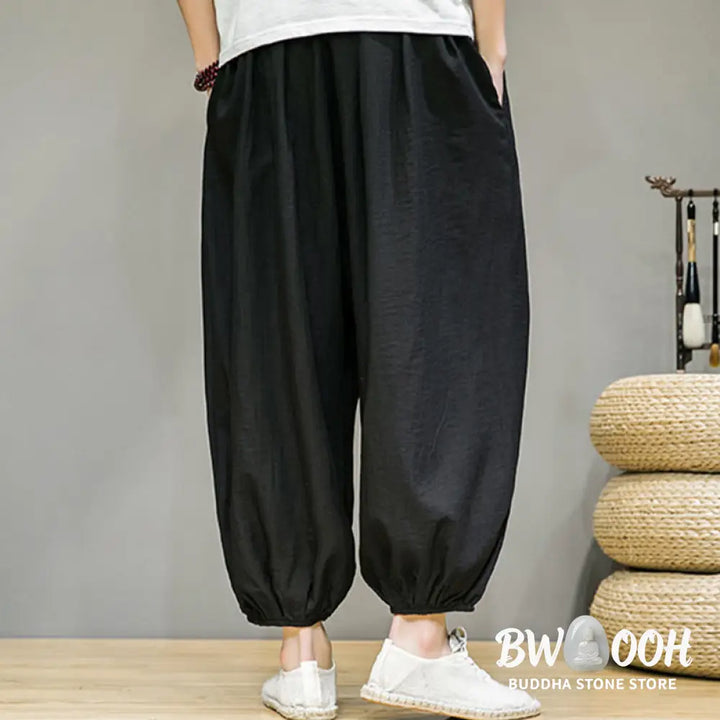Buddha Stones Summer Plain Drawstring Men’s Ankle-Length Cotton Harem Pants With Pockets - Men’s Harem Pants