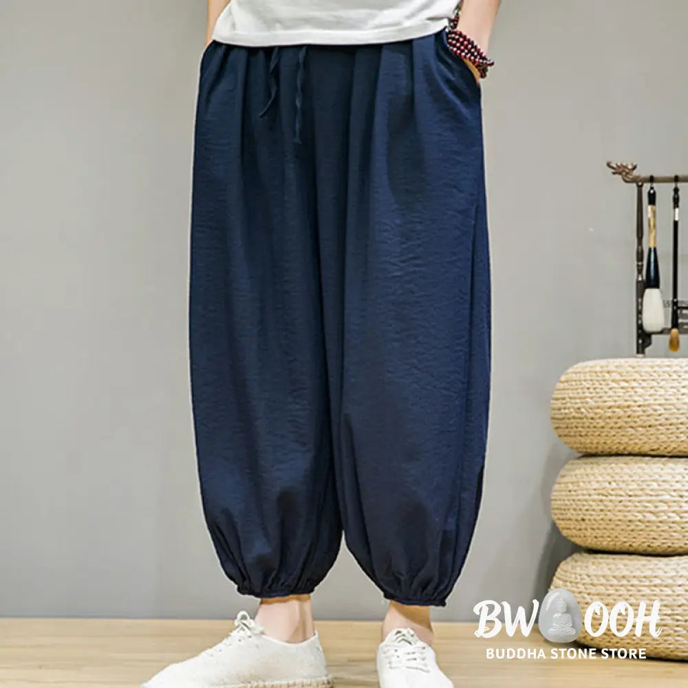Buddha Stones Summer Plain Drawstring Men’s Ankle-Length Cotton Harem Pants With Pockets - Men’s Harem Pants
