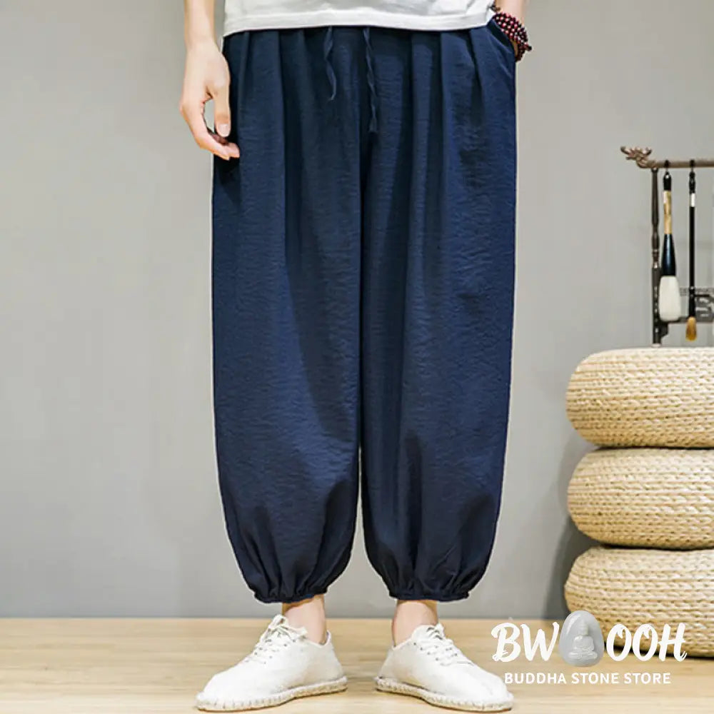 Buddha Stones Summer Plain Drawstring Men’s Ankle-Length Cotton Harem Pants With Pockets - Men’s Harem Pants