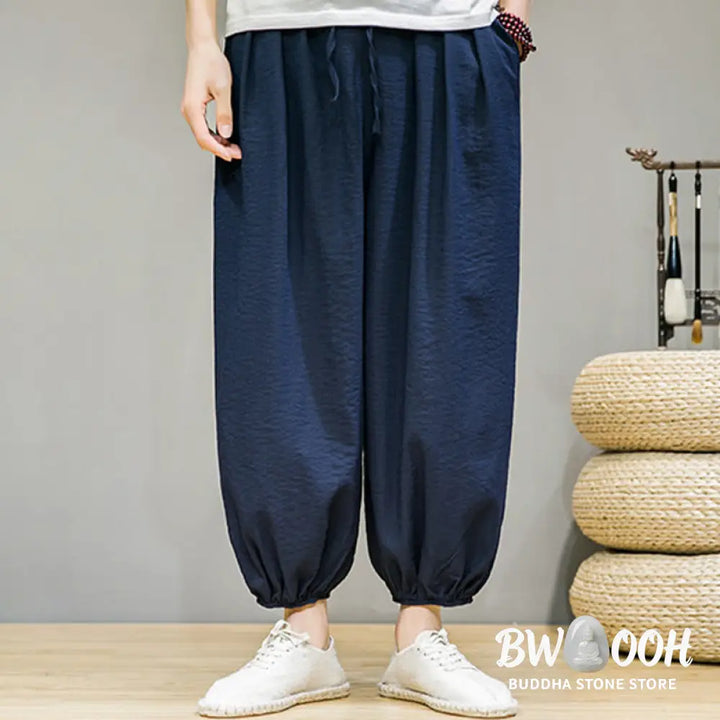 Buddha Stones Summer Plain Drawstring Men’s Ankle-Length Cotton Harem Pants With Pockets - Men’s Harem Pants