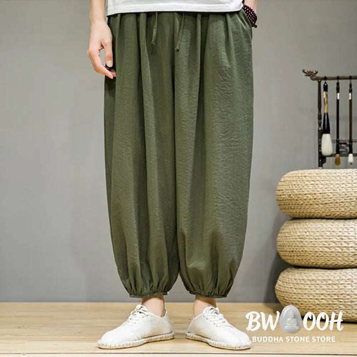 Buddha Stones Summer Plain Drawstring Men’s Ankle-Length Cotton Harem Pants With Pockets - Men’s Harem Pants