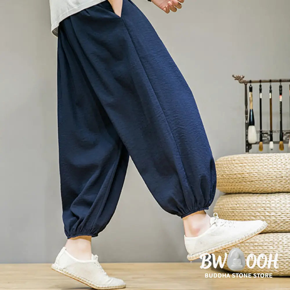 Buddha Stones Summer Plain Drawstring Men’s Ankle-Length Cotton Harem Pants With Pockets - Men’s Harem Pants