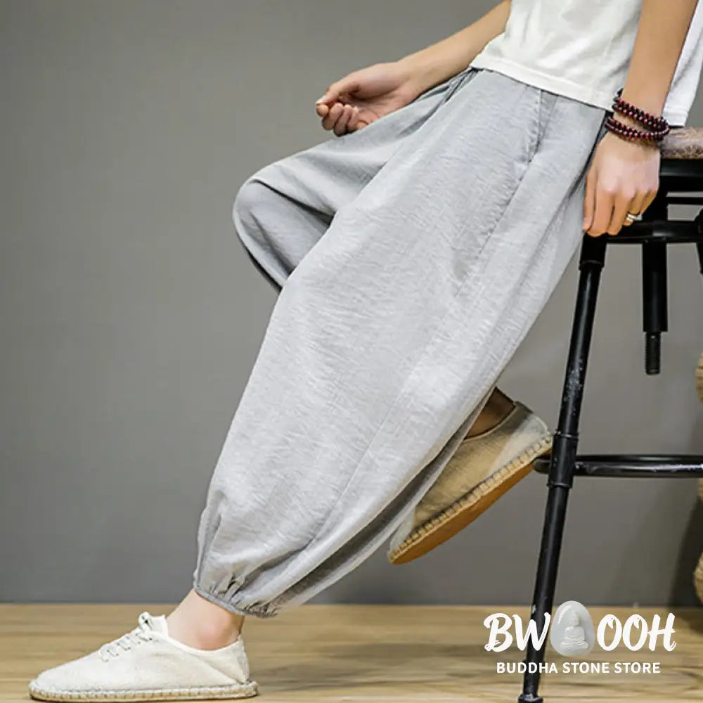 Buddha Stones Summer Plain Drawstring Men’s Ankle-Length Cotton Harem Pants With Pockets - Men’s Harem Pants