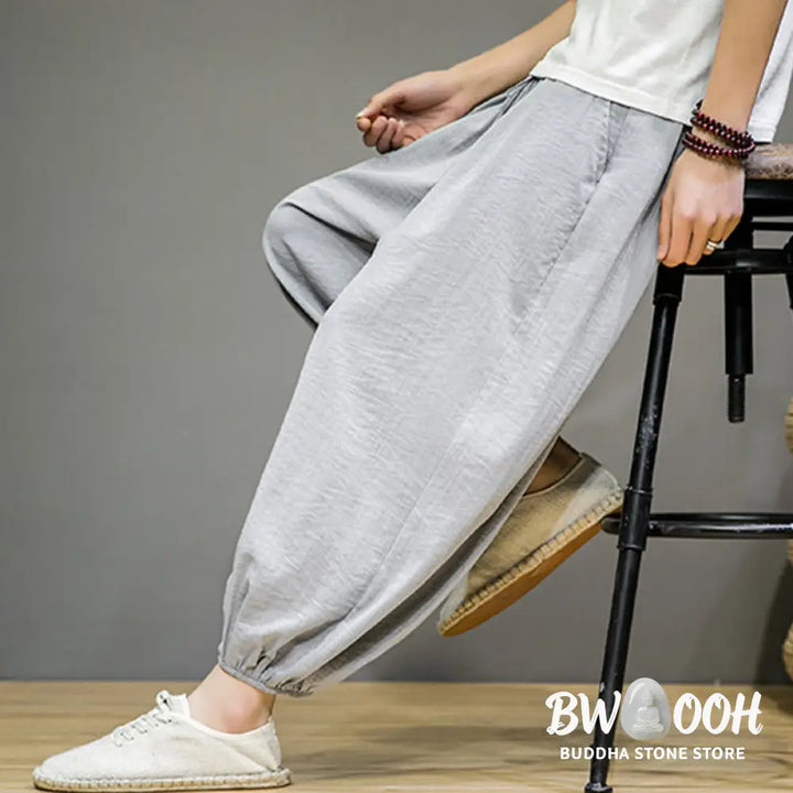 Buddha Stones Summer Plain Drawstring Men’s Ankle-Length Cotton Harem Pants With Pockets - Men’s Harem Pants