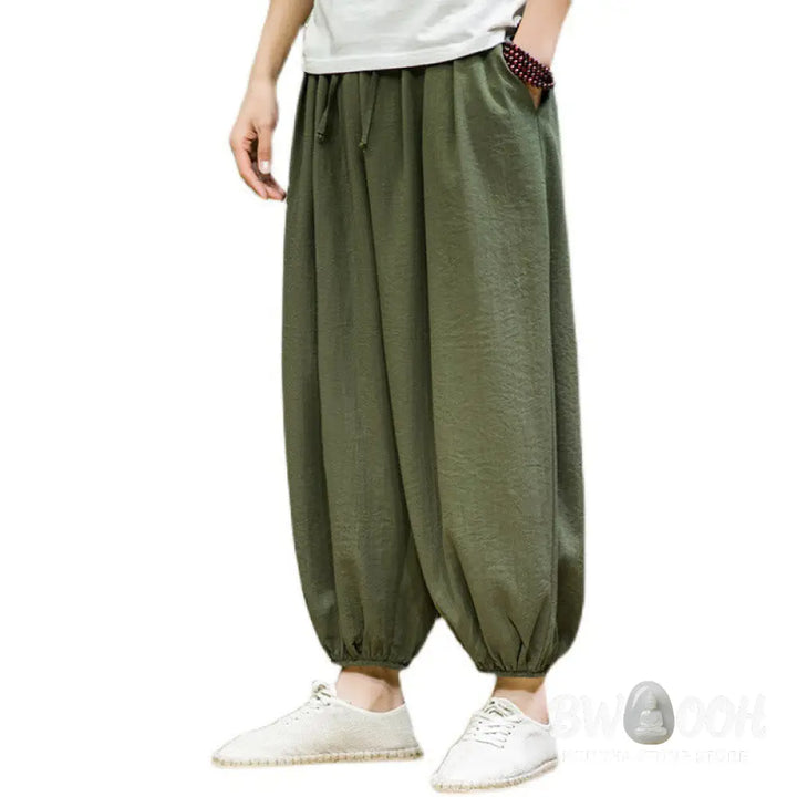 Buddha Stones Summer Plain Drawstring Men’s Ankle-Length Cotton Harem Pants With Pockets - Men’s Harem Pants