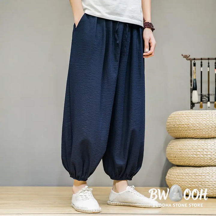 Buddha Stones Summer Plain Drawstring Men’s Ankle-Length Cotton Harem Pants With Pockets - Men’s Harem Pants