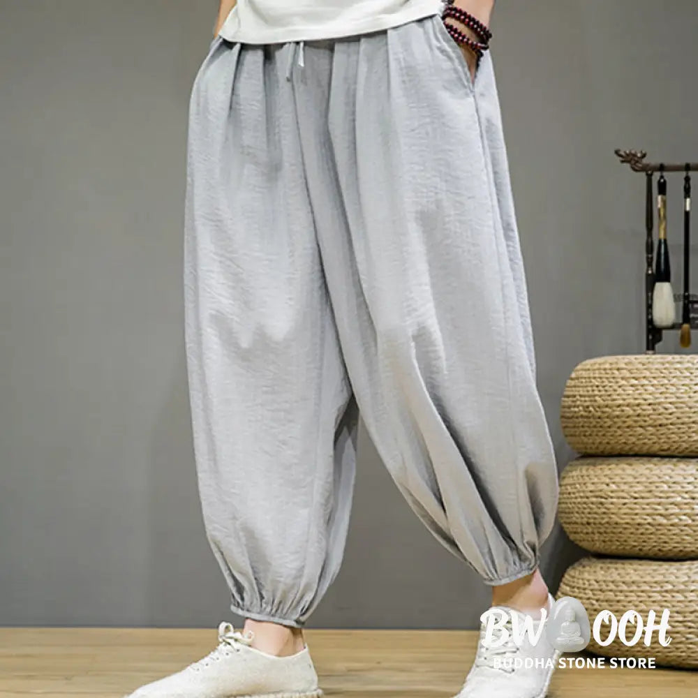 Buddha Stones Summer Plain Drawstring Men’s Ankle-Length Cotton Harem Pants With Pockets - Men’s Harem Pants