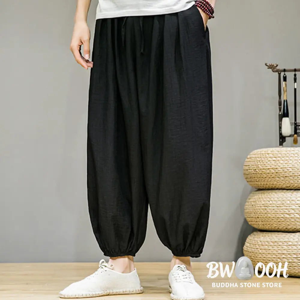 Buddha Stones Summer Plain Drawstring Men’s Ankle-Length Cotton Harem Pants With Pockets - Men’s Harem Pants