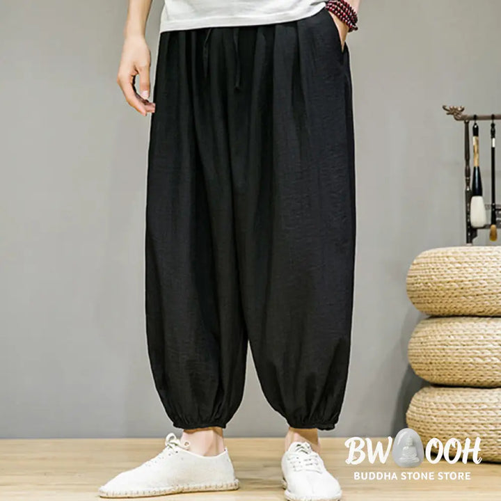 Buddha Stones Summer Plain Drawstring Men’s Ankle-Length Cotton Harem Pants With Pockets - Men’s Harem Pants
