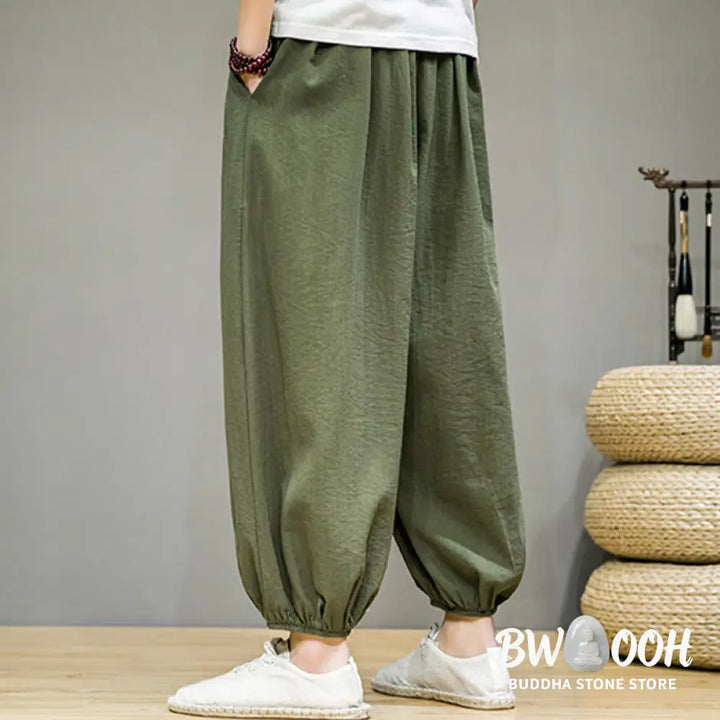 Buddha Stones Summer Plain Drawstring Men’s Ankle-Length Cotton Harem Pants With Pockets - Men’s Harem Pants