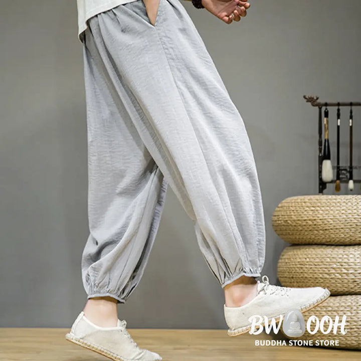 Buddha Stones Summer Plain Drawstring Men’s Ankle-Length Cotton Harem Pants With Pockets - Men’s Harem Pants
