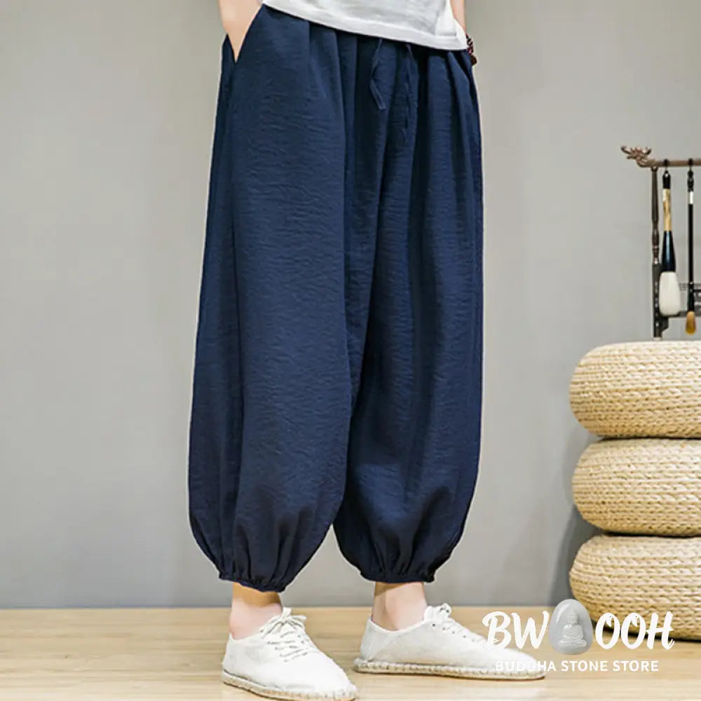 Buddha Stones Summer Plain Drawstring Men’s Ankle-Length Cotton Harem Pants With Pockets - Men’s Harem Pants