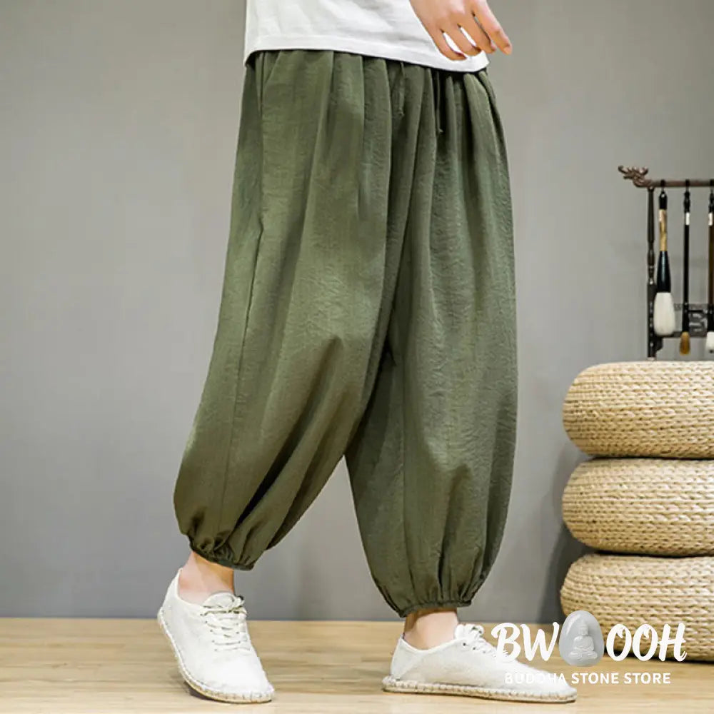 Buddha Stones Summer Plain Drawstring Men’s Ankle-Length Cotton Harem Pants With Pockets - Men’s Harem Pants