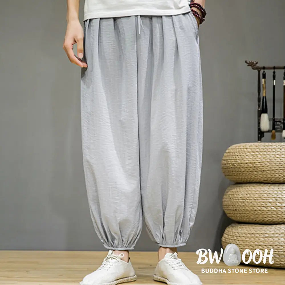 Buddha Stones Summer Plain Drawstring Men’s Ankle-Length Cotton Harem Pants With Pockets - Men’s Harem Pants