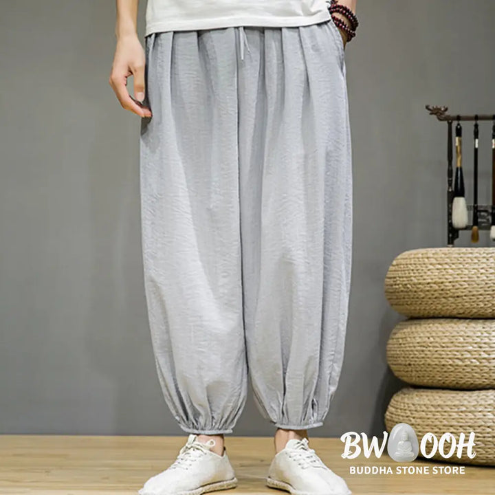 Buddha Stones Summer Plain Drawstring Men’s Ankle-Length Cotton Harem Pants With Pockets - Men’s Harem Pants