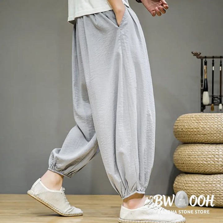 Buddha Stones Summer Plain Drawstring Men’s Ankle-Length Cotton Harem Pants With Pockets - Men’s Harem Pants