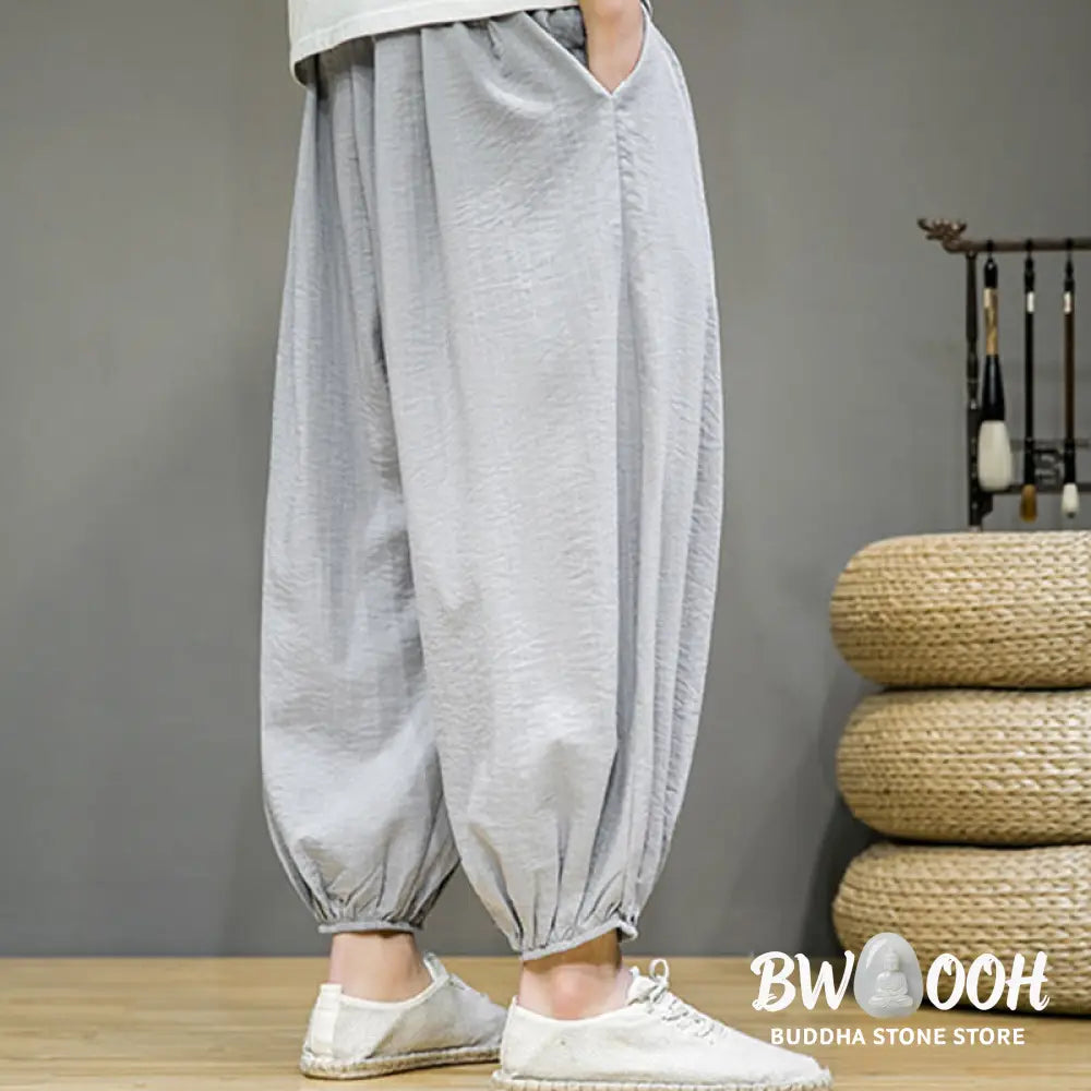 Buddha Stones Summer Plain Drawstring Men’s Ankle-Length Cotton Harem Pants With Pockets - Men’s Harem Pants