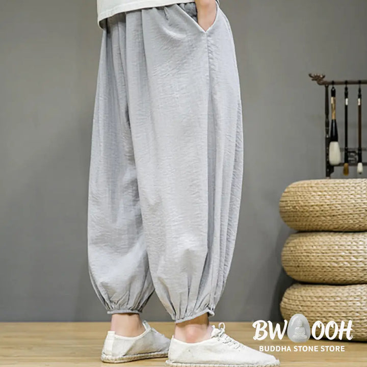 Buddha Stones Summer Plain Drawstring Men’s Ankle-Length Cotton Harem Pants With Pockets - Men’s Harem Pants