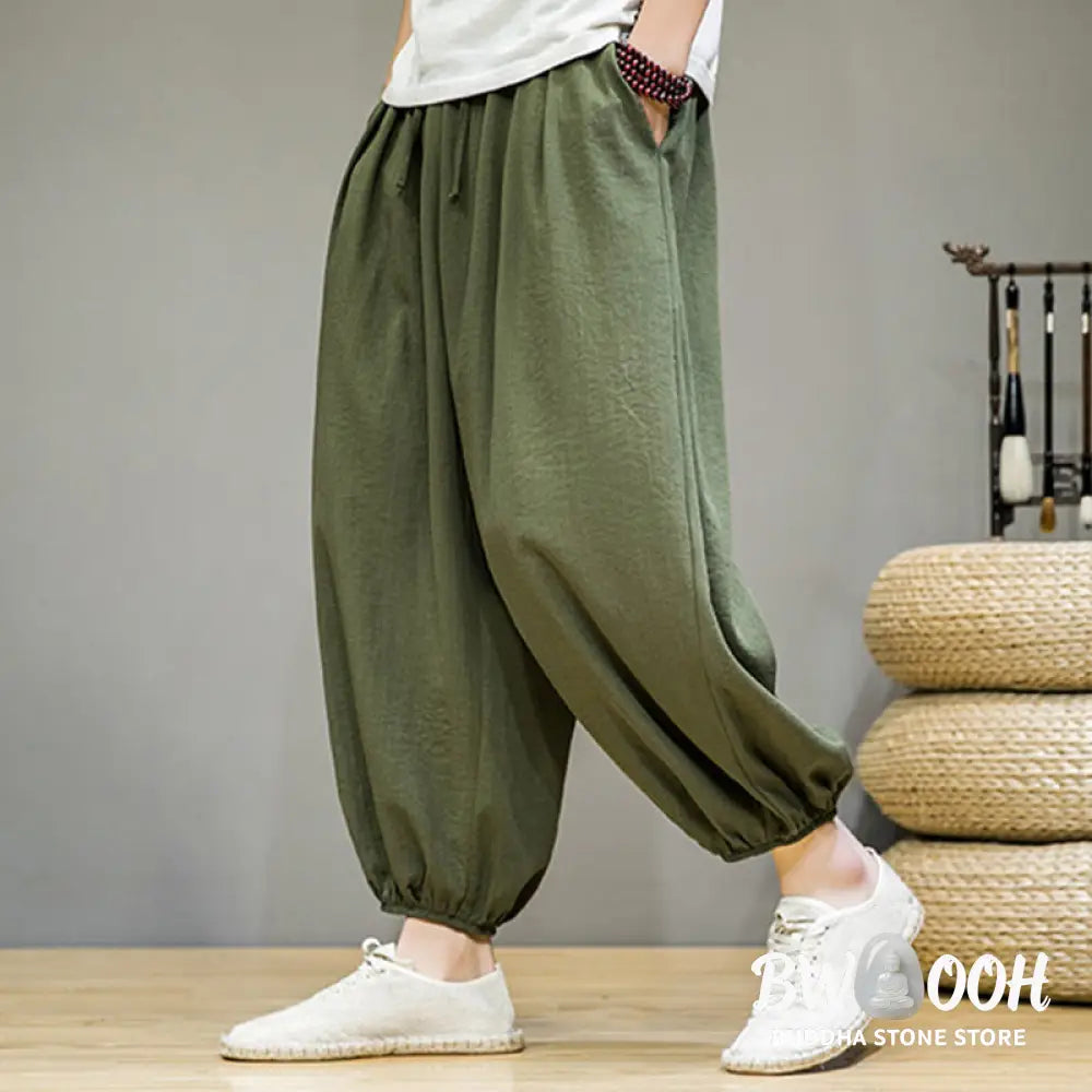 Buddha Stones Summer Plain Drawstring Men’s Ankle-Length Cotton Harem Pants With Pockets - Men’s Harem Pants