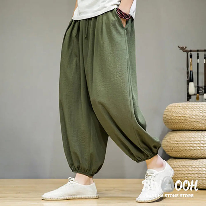 Buddha Stones Summer Plain Drawstring Men’s Ankle-Length Cotton Harem Pants With Pockets - Men’s Harem Pants