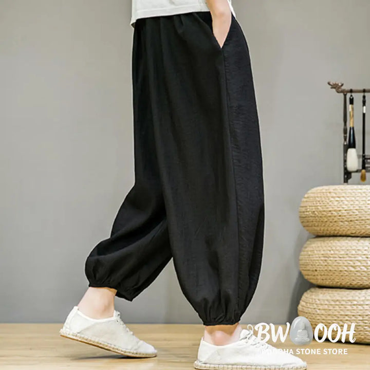 Buddha Stones Summer Plain Drawstring Men’s Ankle-Length Cotton Harem Pants With Pockets - Men’s Harem Pants