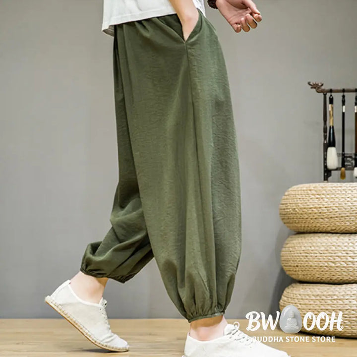 Buddha Stones Summer Plain Drawstring Men’s Ankle-Length Cotton Harem Pants With Pockets - Men’s Harem Pants